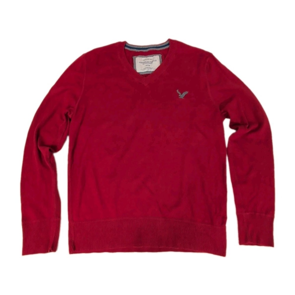 American Eagle V Neck Sweater Mens M Red Lightweight Pullover Vintage Fit Cotton